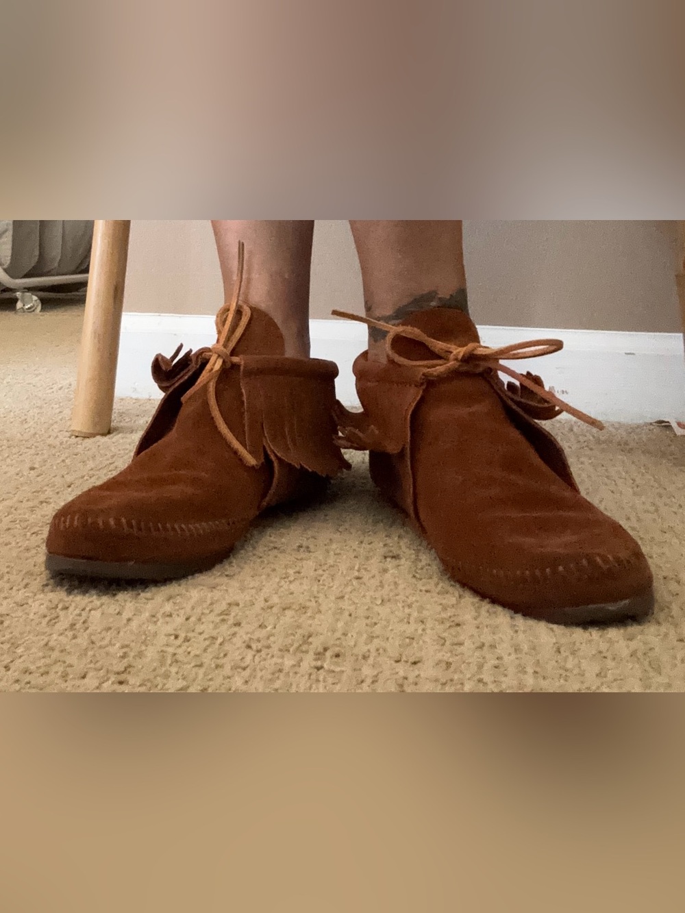 Minnetonka Double Fringe Side Zip Boot Brown Suede Moccasins Size 8.5